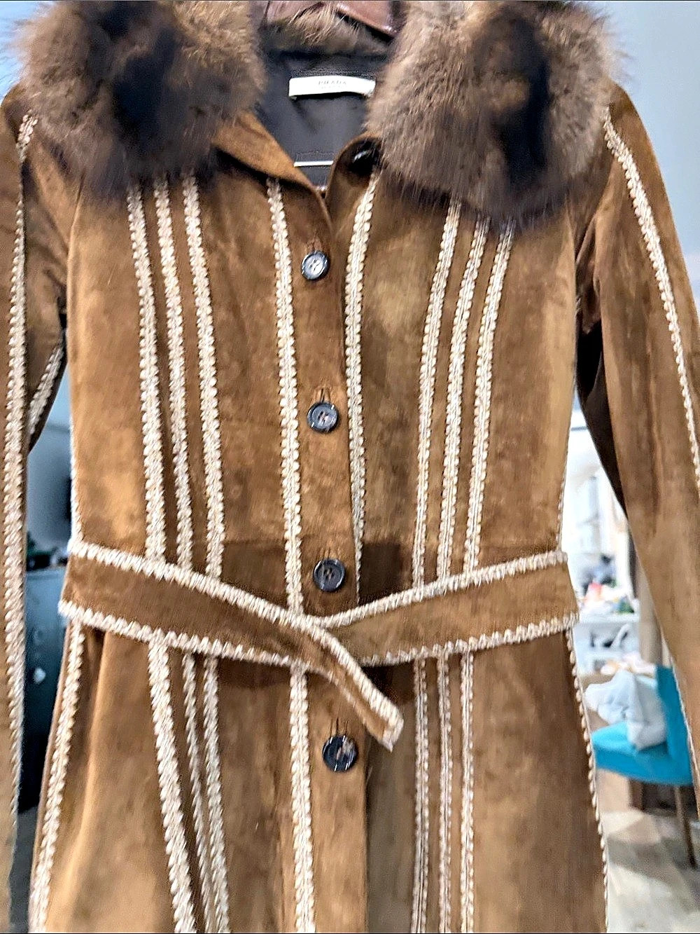 Prada Brown Leather Fur-Collar Coat Size 38 Like New 🧥🤎 vintage Y2K